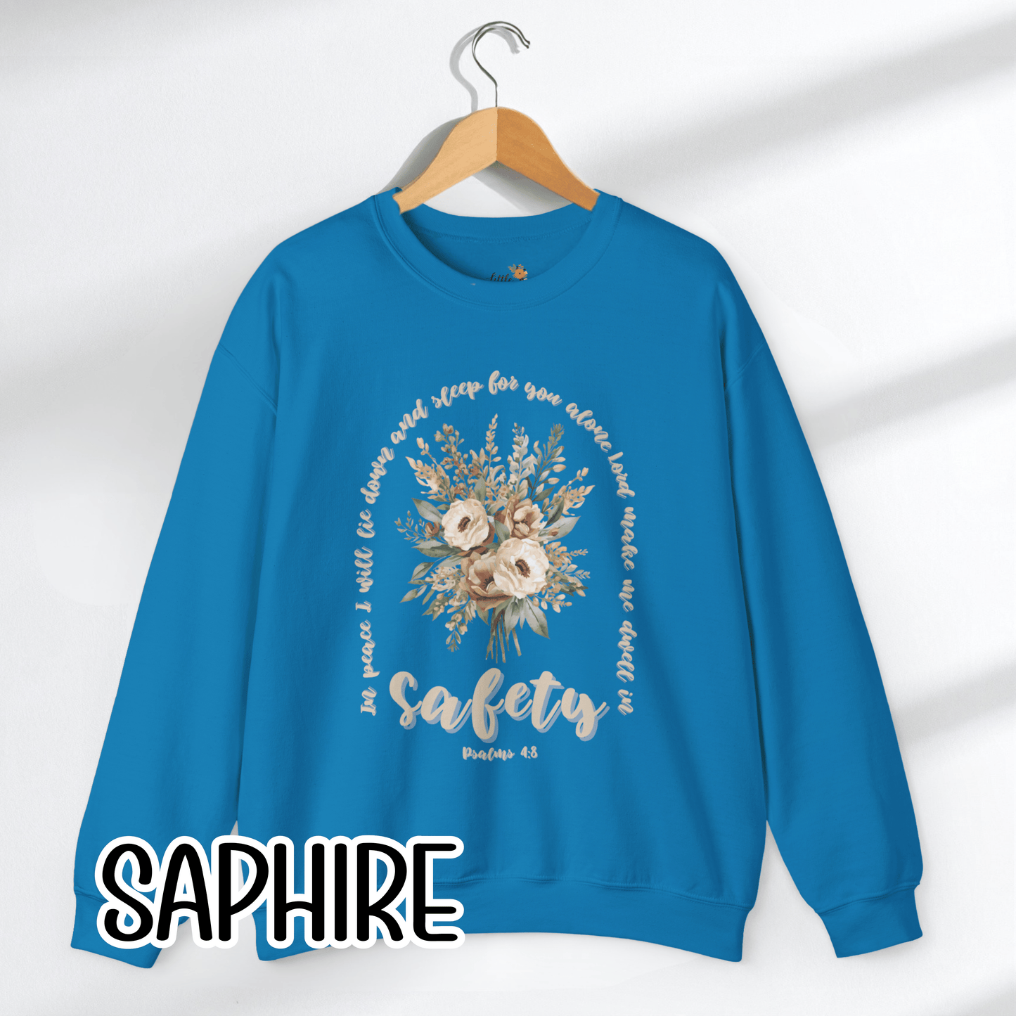 Psalm 4:8 Safety Scripture Sweatshirt • In Peace I Will Lie Down Floral Graphic Artwork • Neutral Christian Bible Verse Crewneck