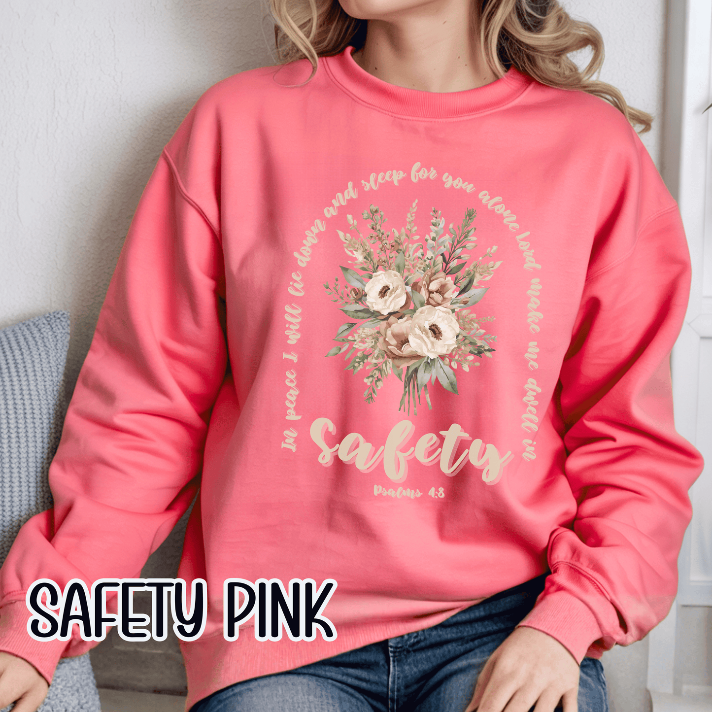 Psalm 4:8 Safety Scripture Sweatshirt • In Peace I Will Lie Down Floral Graphic Artwork • Neutral Christian Bible Verse Crewneck