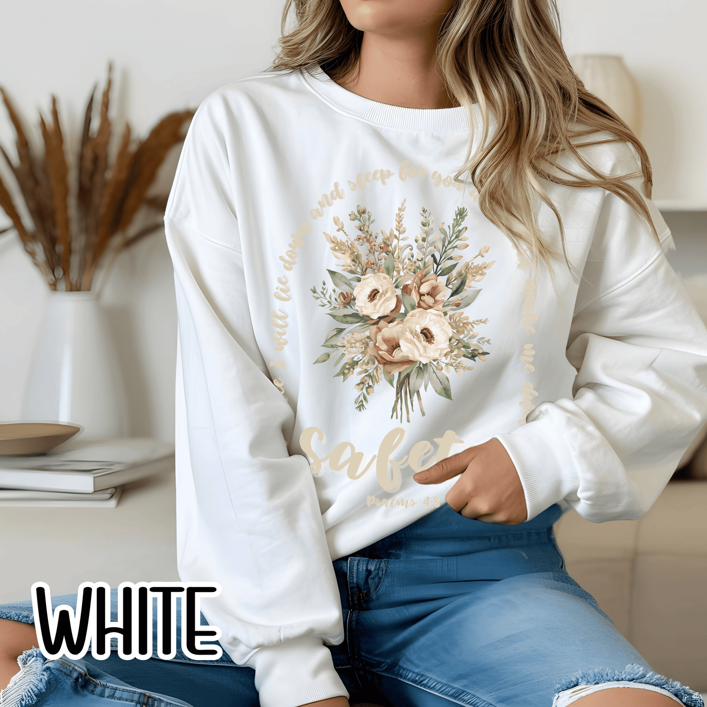 Psalm 4:8 Safety Scripture Sweatshirt • In Peace I Will Lie Down Floral Graphic Artwork • Neutral Christian Bible Verse Crewneck