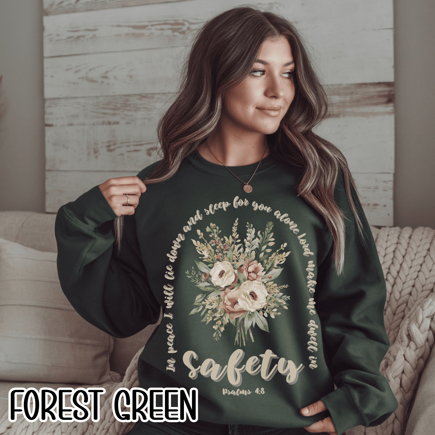 Psalm 4:8 Safety Scripture Sweatshirt • In Peace I Will Lie Down Floral Graphic Artwork • Neutral Christian Bible Verse Crewneck