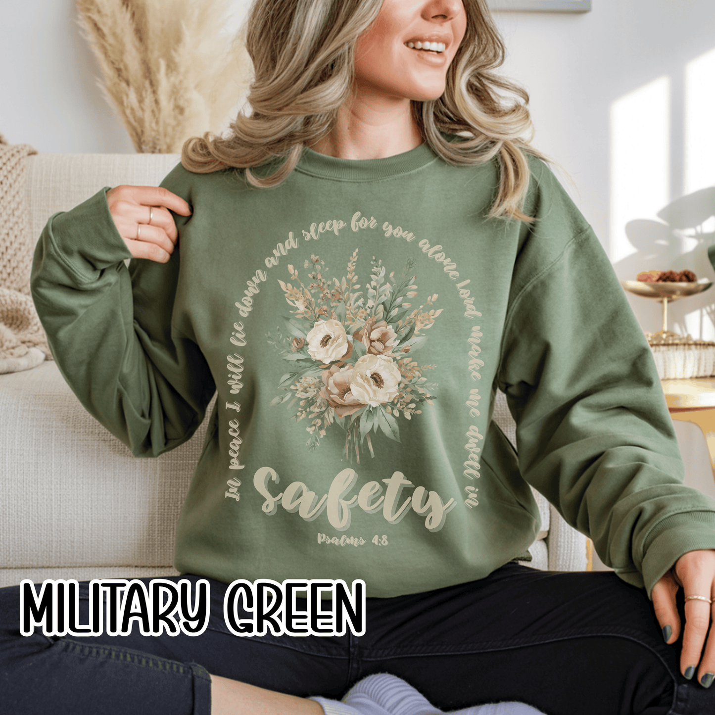 Psalm 4:8 Safety Scripture Sweatshirt • In Peace I Will Lie Down Floral Graphic Artwork • Neutral Christian Bible Verse Crewneck
