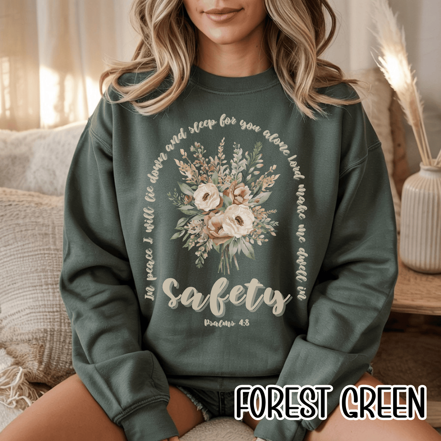 Psalm 4:8 Safety Scripture Sweatshirt • In Peace I Will Lie Down Floral Graphic Artwork • Neutral Christian Bible Verse Crewneck
