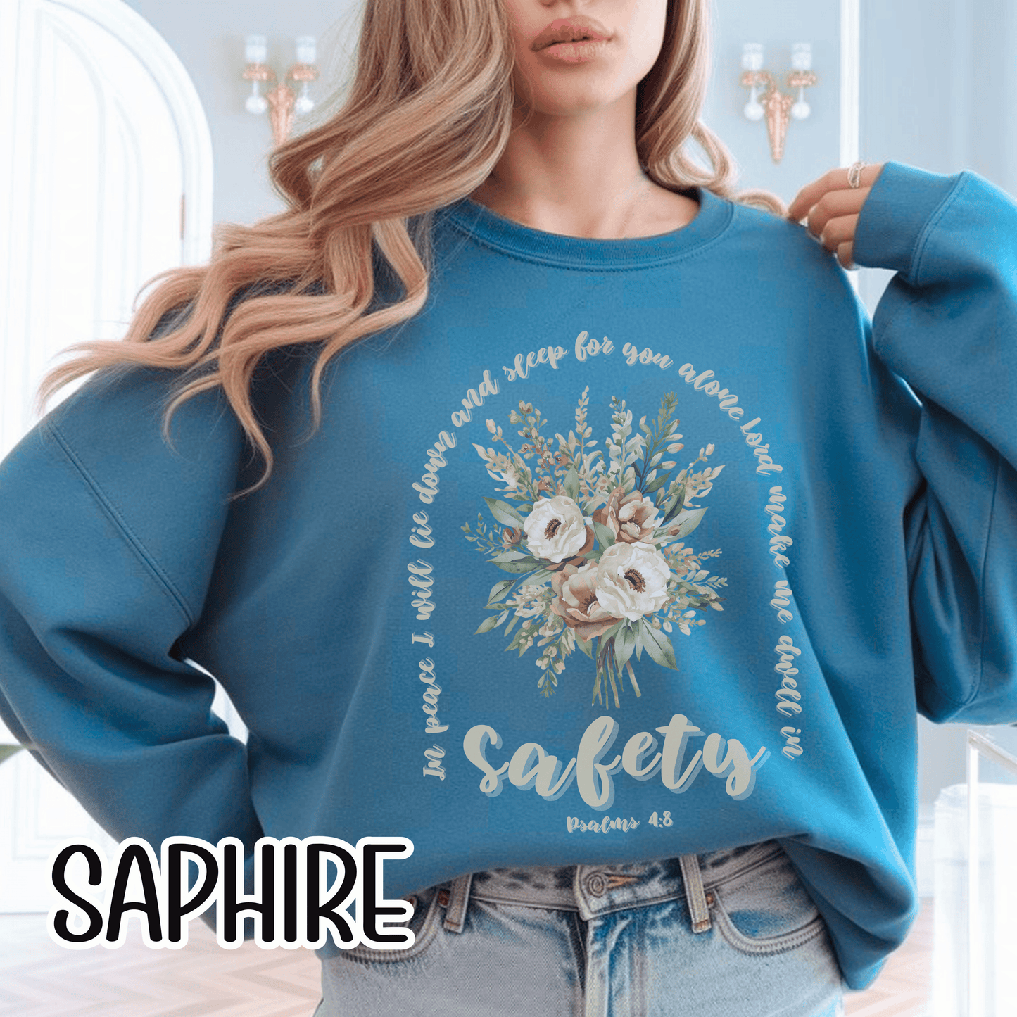 Psalm 4:8 Safety Scripture Sweatshirt • In Peace I Will Lie Down Floral Graphic Artwork • Neutral Christian Bible Verse Crewneck