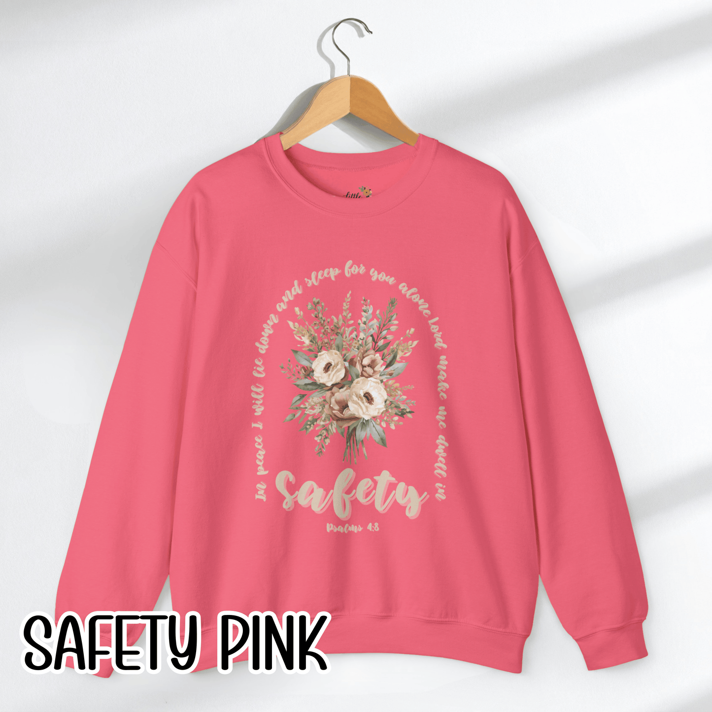 Psalm 4:8 Safety Scripture Sweatshirt • In Peace I Will Lie Down Floral Graphic Artwork • Neutral Christian Bible Verse Crewneck