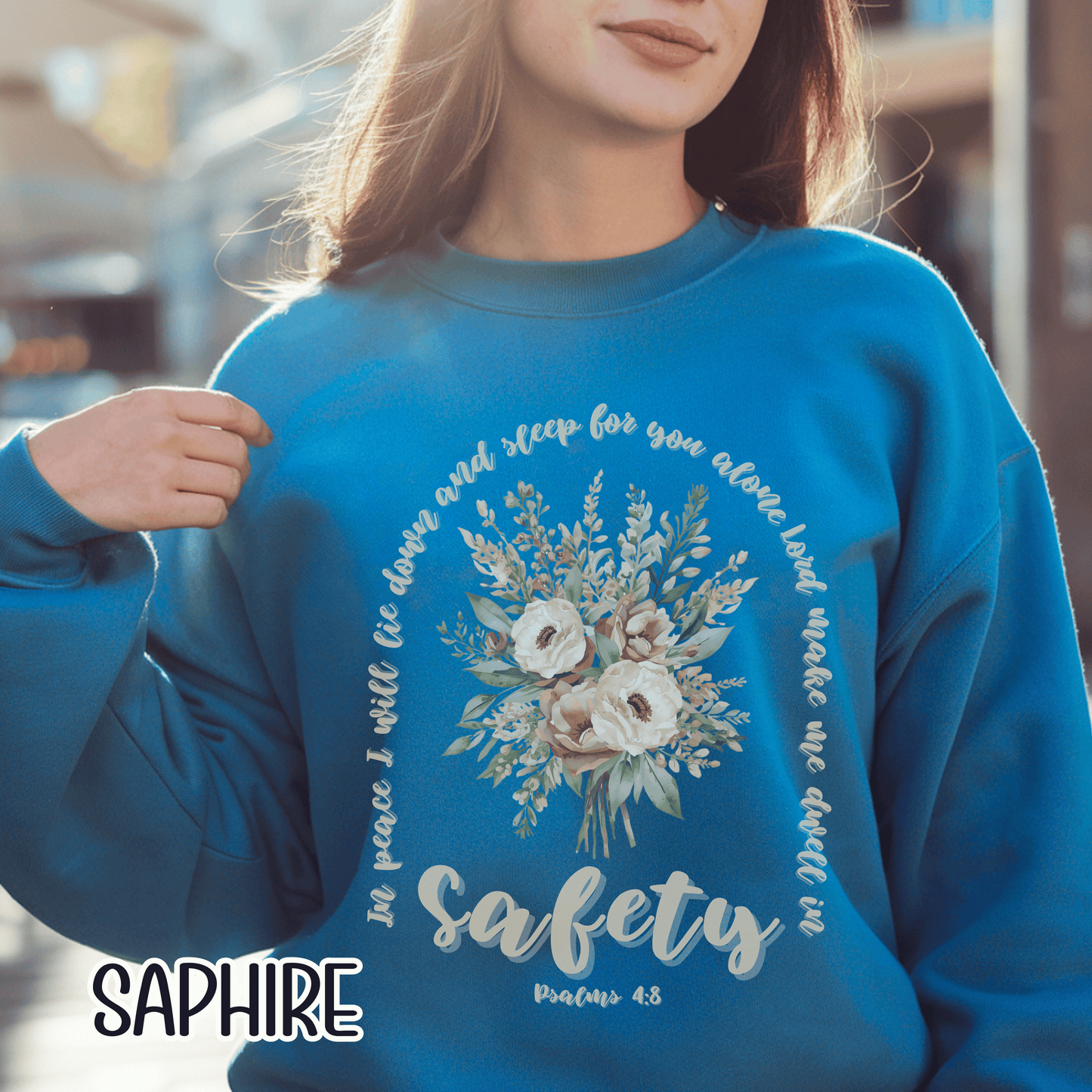Psalm 4:8 Safety Scripture Sweatshirt • In Peace I Will Lie Down Floral Graphic Artwork • Neutral Christian Bible Verse Crewneck
