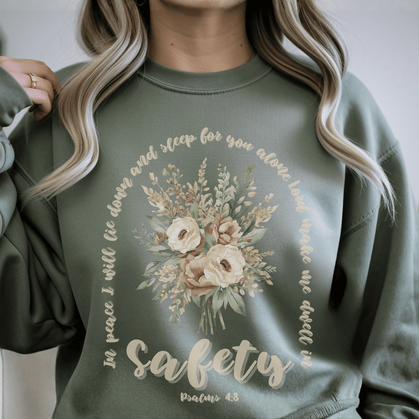 Psalm 4:8 Safety Scripture Sweatshirt • In Peace I Will Lie Down Floral Graphic Artwork • Neutral Christian Bible Verse Crewneck