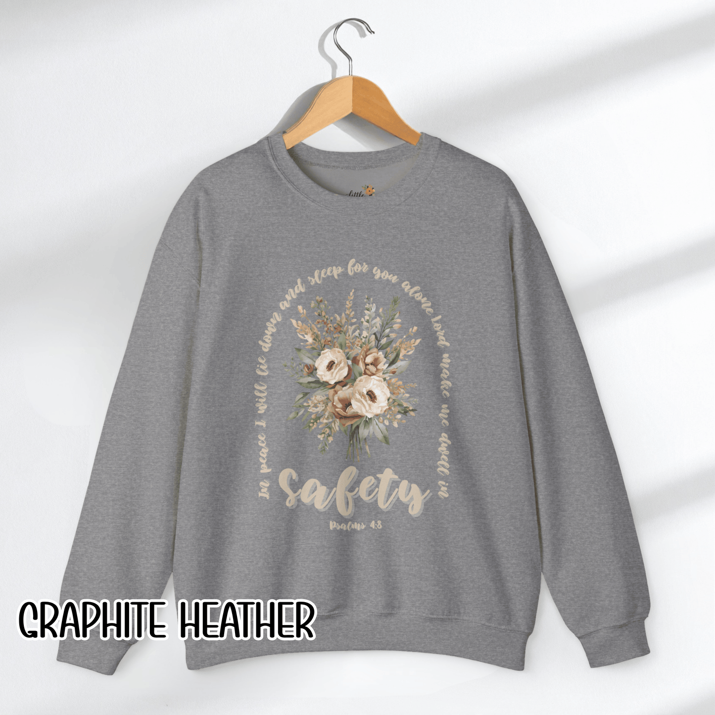 Psalm 4:8 Safety Scripture Sweatshirt • In Peace I Will Lie Down Floral Graphic Artwork • Neutral Christian Bible Verse Crewneck