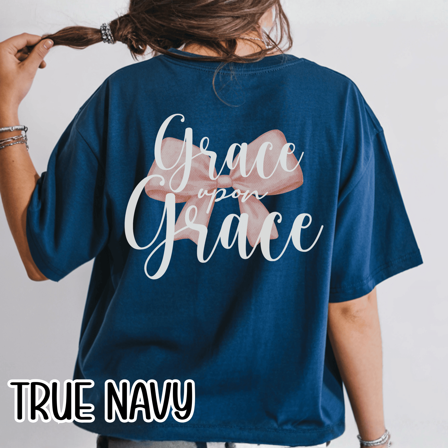Grace Upon Grace Scripture with Pastel Pink Bow Tshirt • Girly Boutique Style for Moms • Feminine Faith Aesthetic Tee