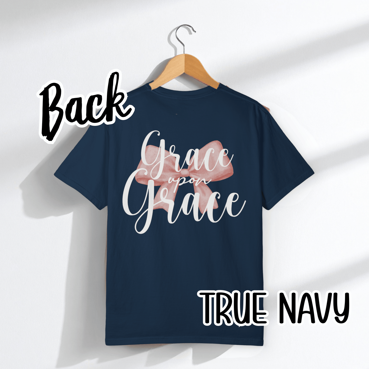 Grace Upon Grace Scripture with Pastel Pink Bow Tshirt • Girly Boutique Style for Moms • Feminine Faith Aesthetic Tee