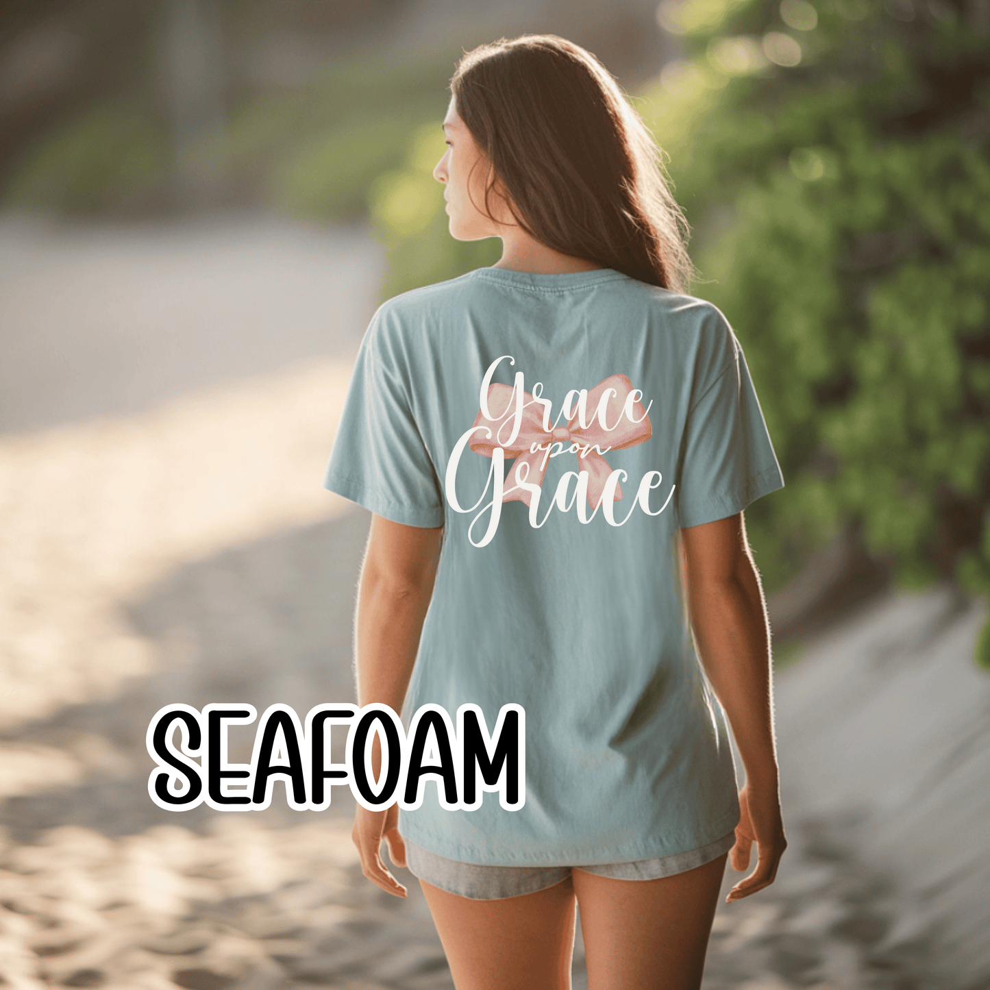 Grace Upon Grace Scripture with Pastel Pink Bow Tshirt • Girly Boutique Style for Moms • Feminine Faith Aesthetic Tee