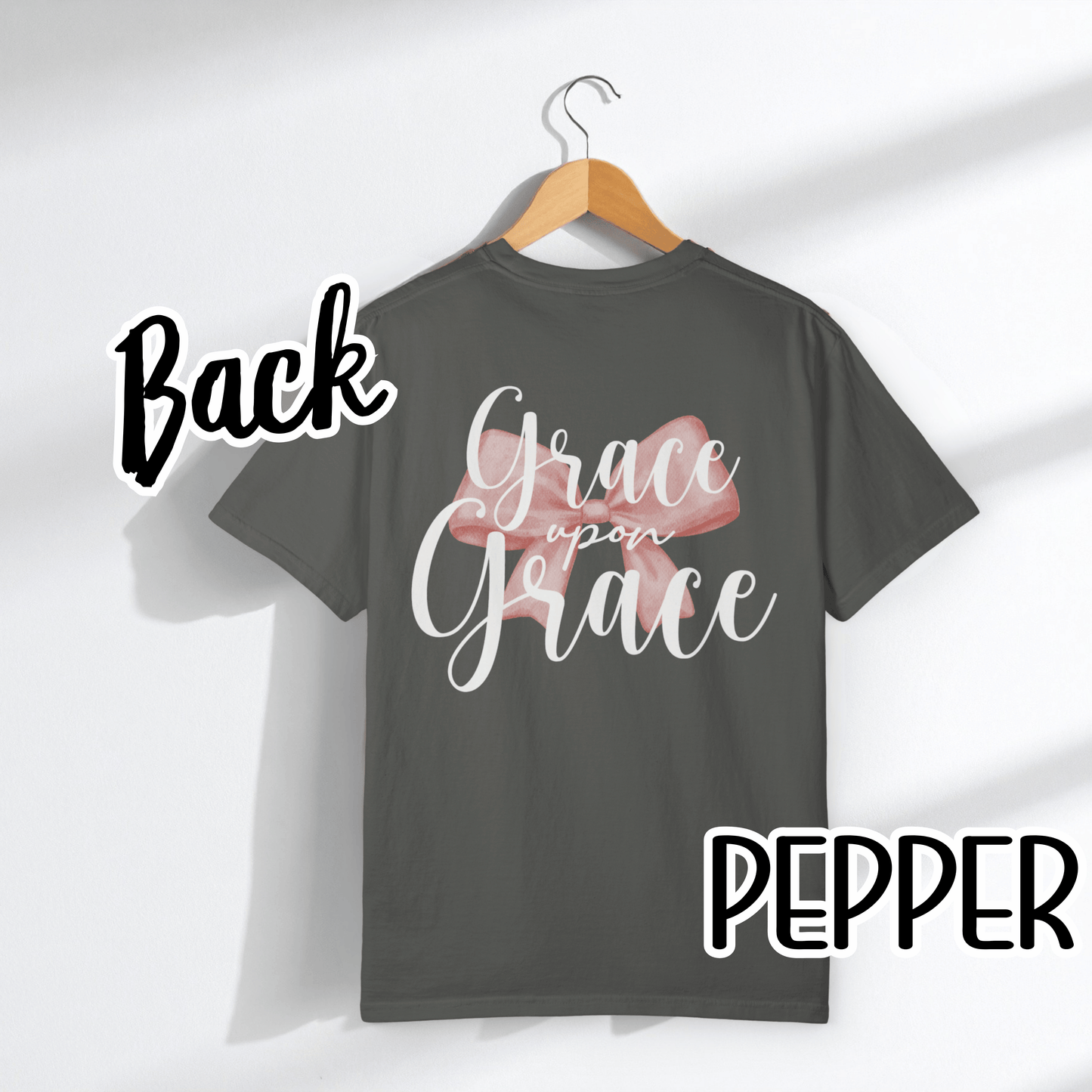 Grace Upon Grace Scripture with Pastel Pink Bow Tshirt • Girly Boutique Style for Moms • Feminine Faith Aesthetic Tee