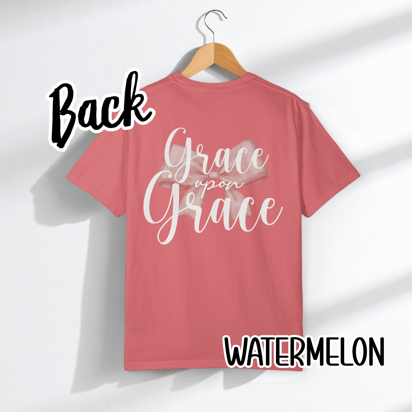 Grace Upon Grace Scripture with Pastel Pink Bow Tshirt • Girly Boutique Style for Moms • Feminine Faith Aesthetic Tee