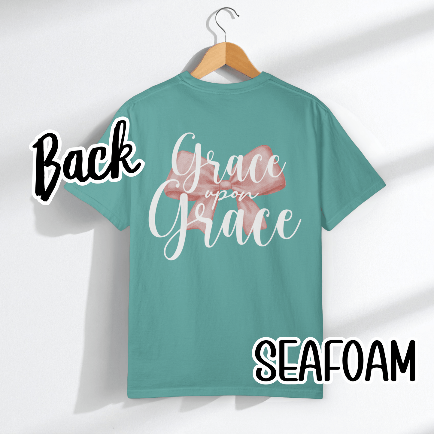 Grace Upon Grace Scripture with Pastel Pink Bow Tshirt • Girly Boutique Style for Moms • Feminine Faith Aesthetic Tee