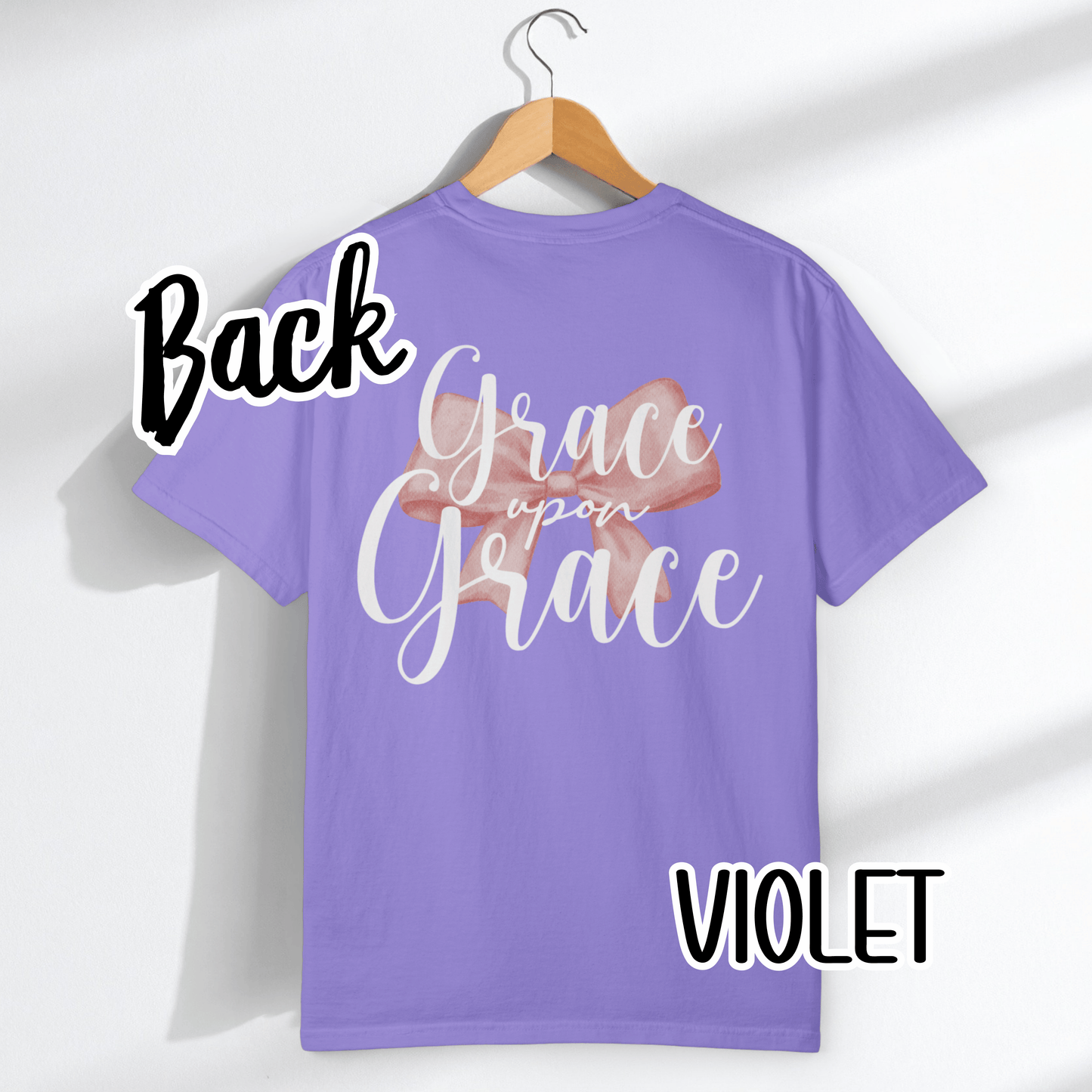Grace Upon Grace Scripture with Pastel Pink Bow Tshirt • Girly Boutique Style for Moms • Feminine Faith Aesthetic Tee