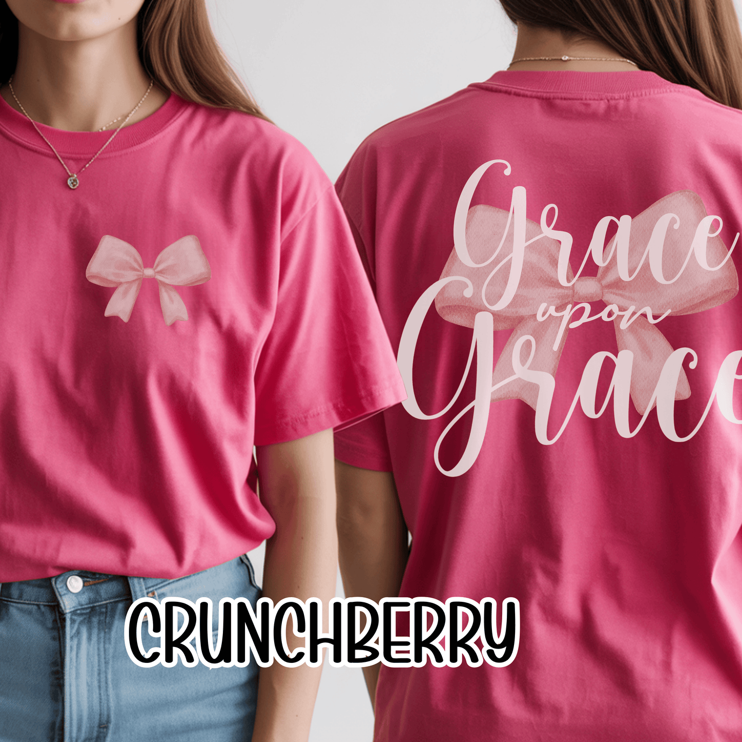 Grace Upon Grace Scripture with Pastel Pink Bow Tshirt • Girly Boutique Style for Moms • Feminine Faith Aesthetic Tee