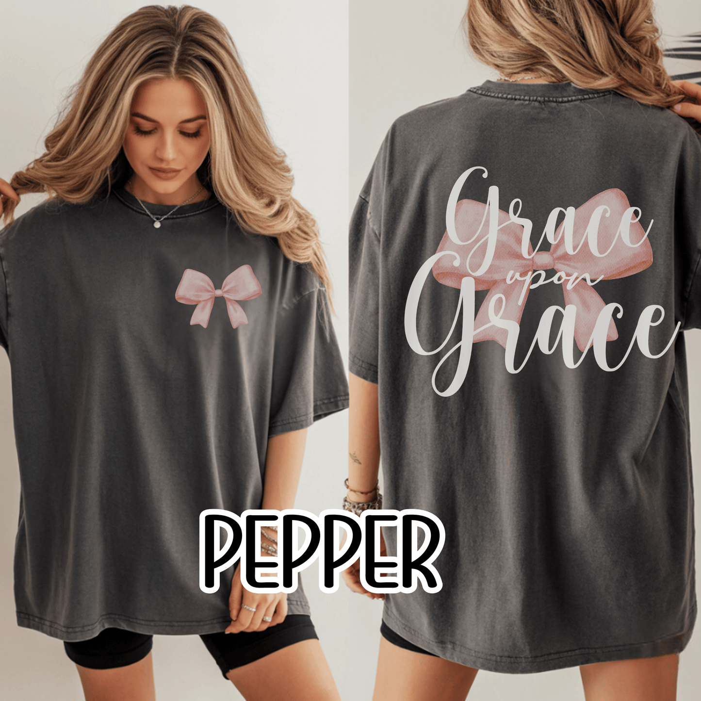 Grace Upon Grace Scripture with Pastel Pink Bow Tshirt • Girly Boutique Style for Moms • Feminine Faith Aesthetic Tee