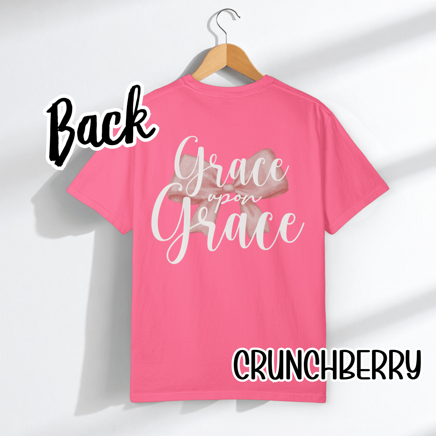 Grace Upon Grace Scripture with Pastel Pink Bow Tshirt • Girly Boutique Style for Moms • Feminine Faith Aesthetic Tee