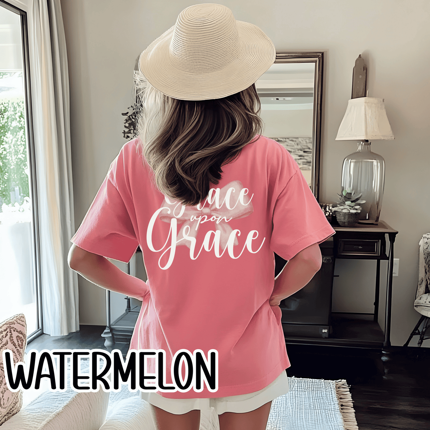 Grace Upon Grace Scripture with Pastel Pink Bow Tshirt • Girly Boutique Style for Moms • Feminine Faith Aesthetic Tee