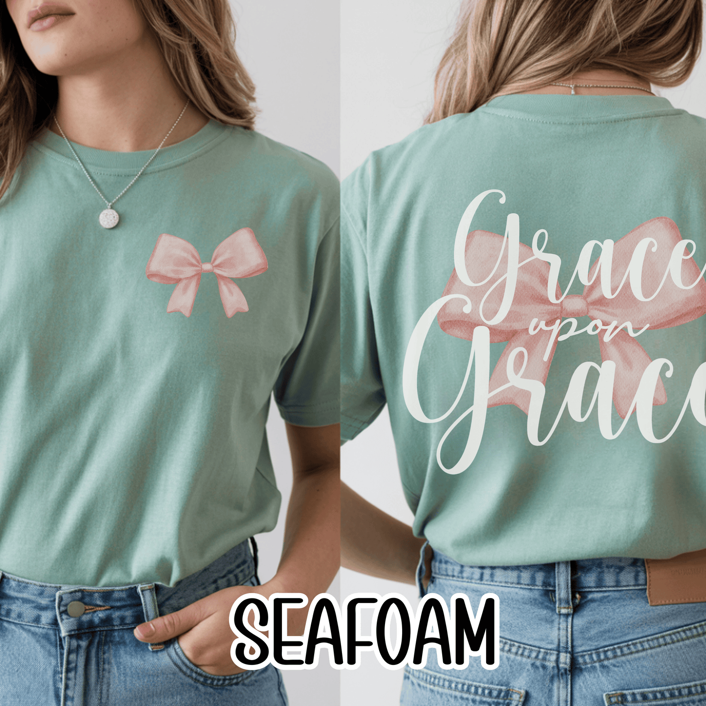 Grace Upon Grace Scripture with Pastel Pink Bow Tshirt • Girly Boutique Style for Moms • Feminine Faith Aesthetic Tee
