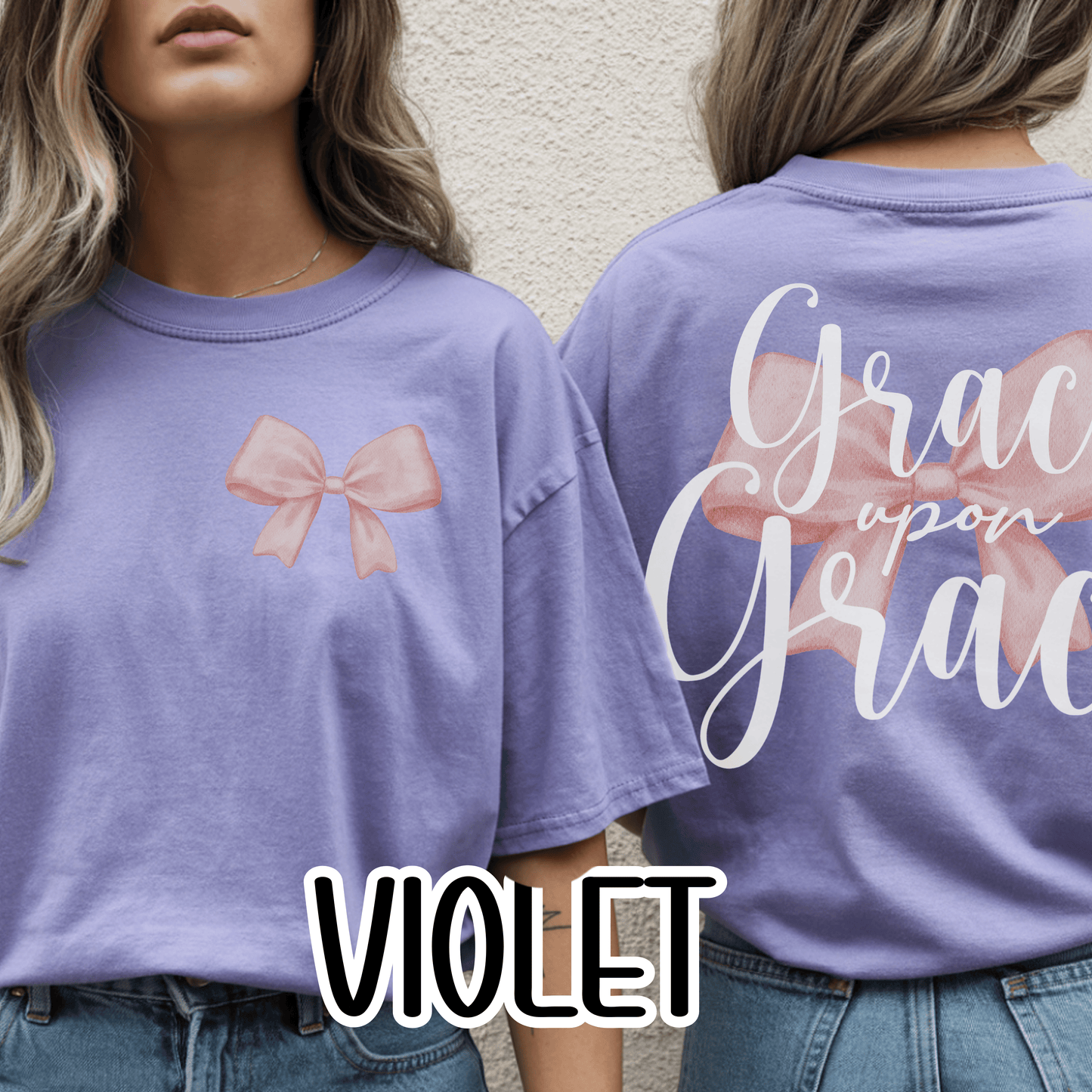 Grace Upon Grace Scripture with Pastel Pink Bow Tshirt • Girly Boutique Style for Moms • Feminine Faith Aesthetic Tee
