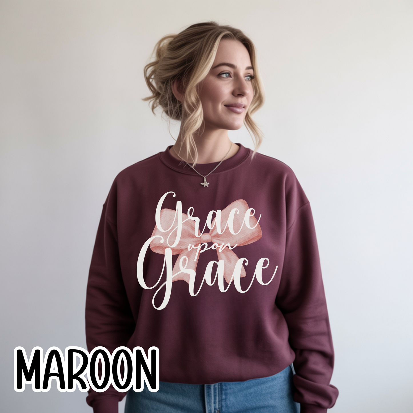 Grace Upon Grace Scripture with Pastel Pink Bow Crewneck • Girly Christian Apparel for Moms • Feminine Faith Aesthetic Sweatshirt