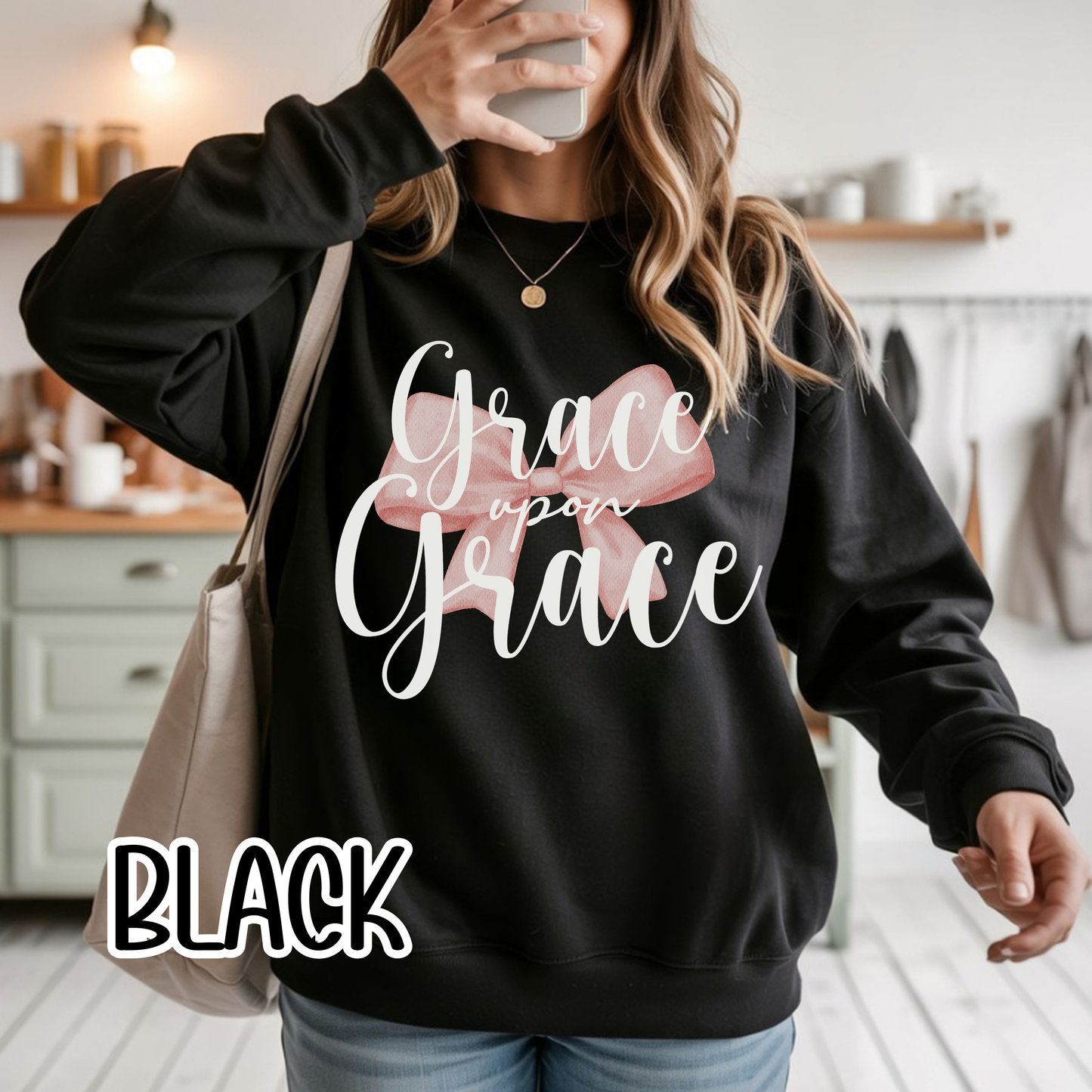 Grace Upon Grace Scripture with Pastel Pink Bow Crewneck • Girly Christian Apparel for Moms • Feminine Faith Aesthetic Sweatshirt