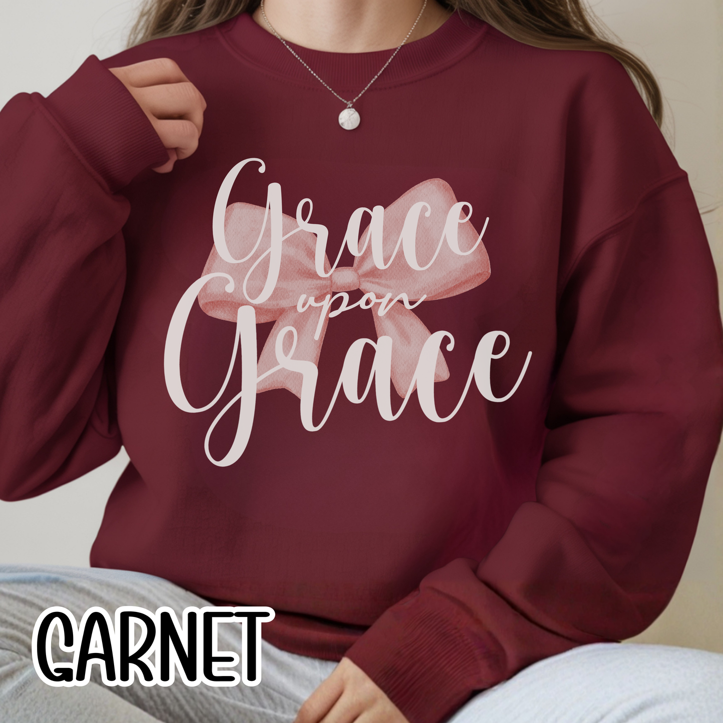 Grace Upon Grace Scripture with Pastel Pink Bow Crewneck • Girly Christian Apparel for Moms • Feminine Faith Aesthetic Sweatshirt