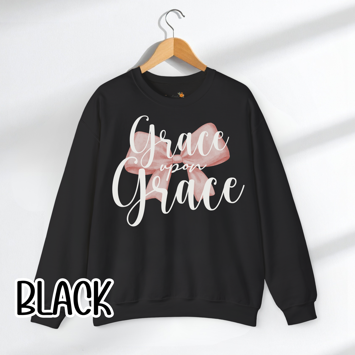 Grace Upon Grace Scripture with Pastel Pink Bow Crewneck • Girly Christian Apparel for Moms • Feminine Faith Aesthetic Sweatshirt