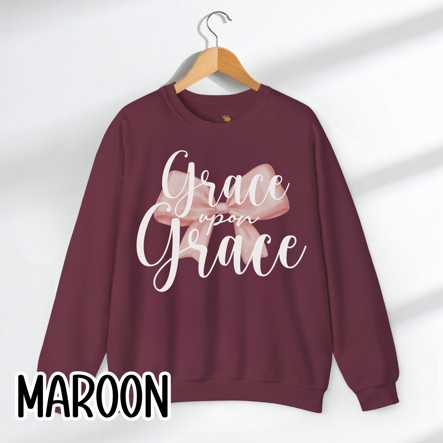 Grace Upon Grace Scripture with Pastel Pink Bow Crewneck • Girly Christian Apparel for Moms • Feminine Faith Aesthetic Sweatshirt