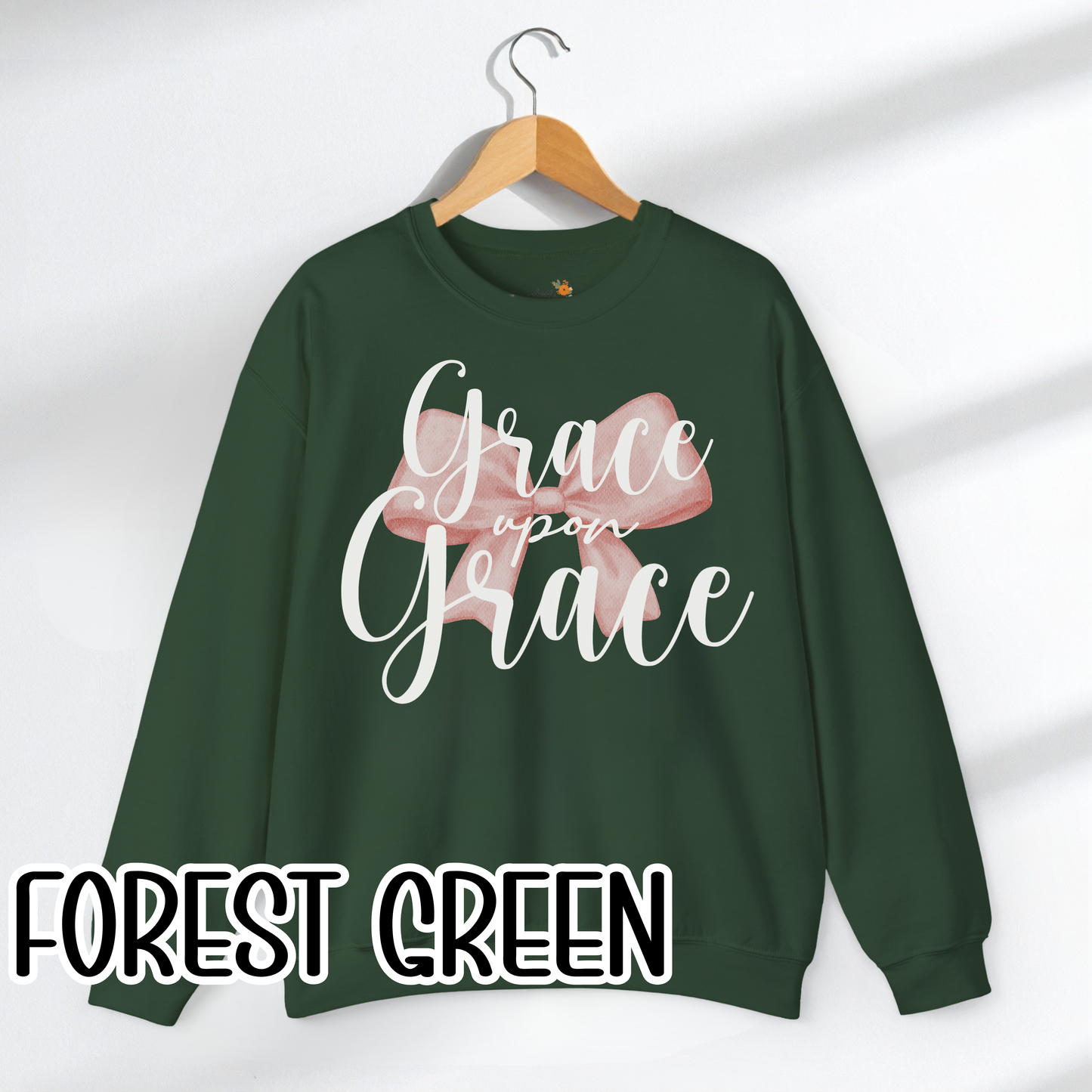 Grace Upon Grace Scripture with Pastel Pink Bow Crewneck • Girly Christian Apparel for Moms • Feminine Faith Aesthetic Sweatshirt