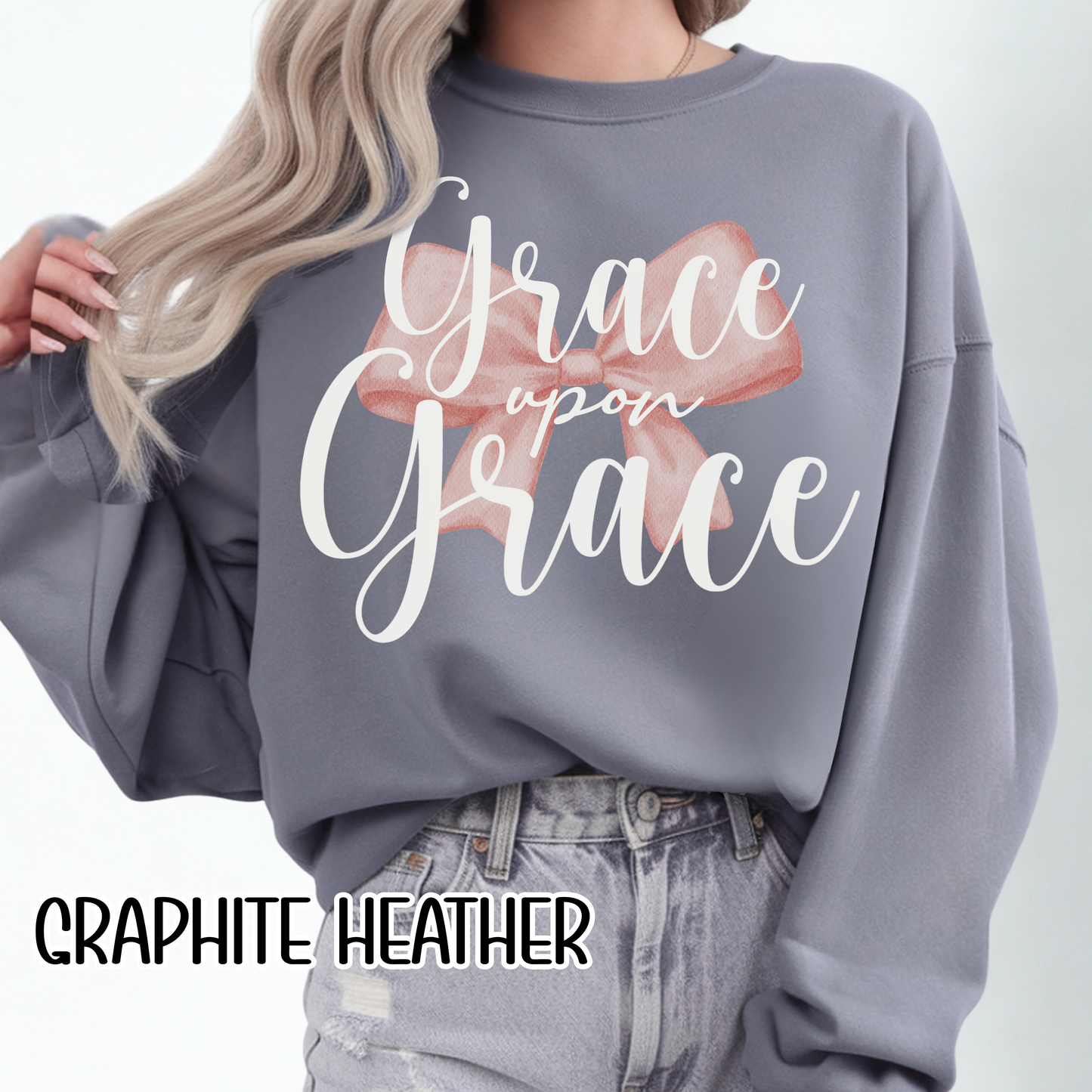 Grace Upon Grace Scripture with Pastel Pink Bow Crewneck • Girly Christian Apparel for Moms • Feminine Faith Aesthetic Sweatshirt