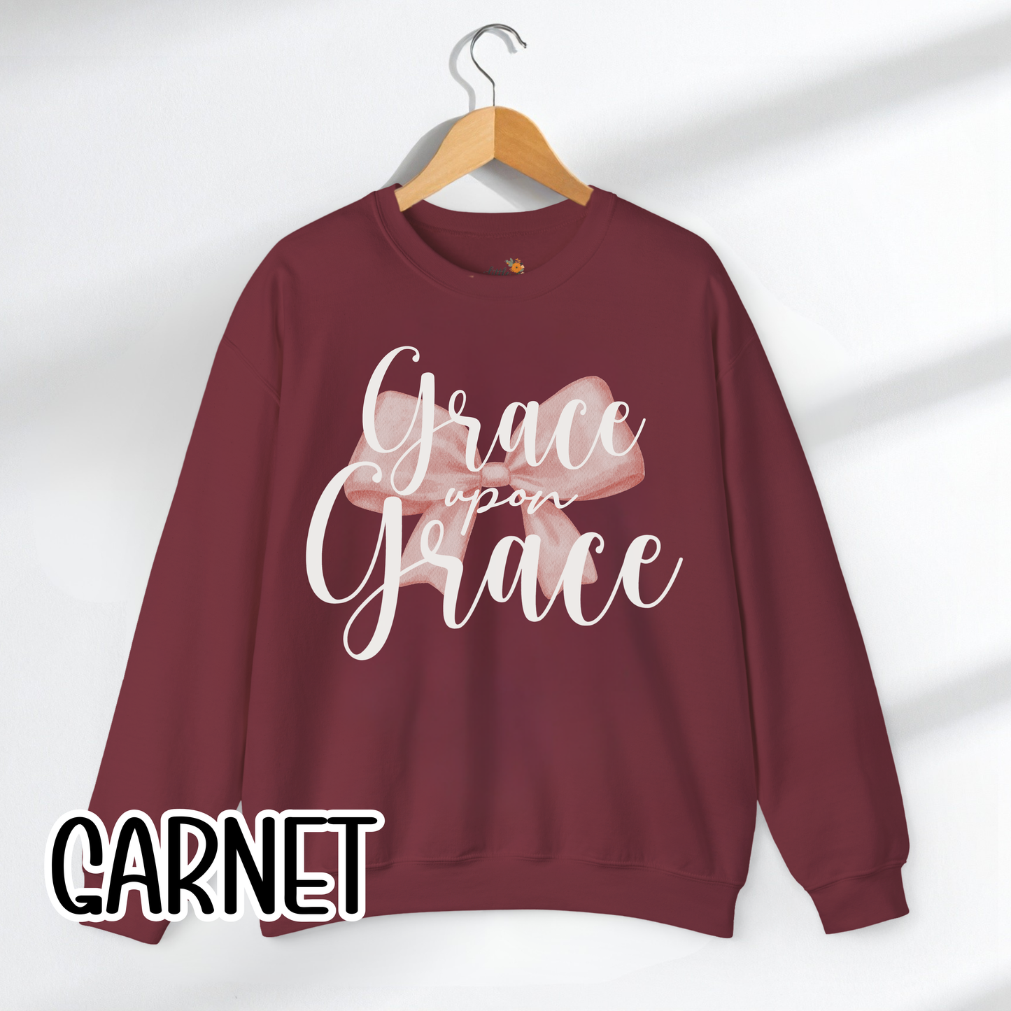 Grace Upon Grace Scripture with Pastel Pink Bow Crewneck • Girly Christian Apparel for Moms • Feminine Faith Aesthetic Sweatshirt