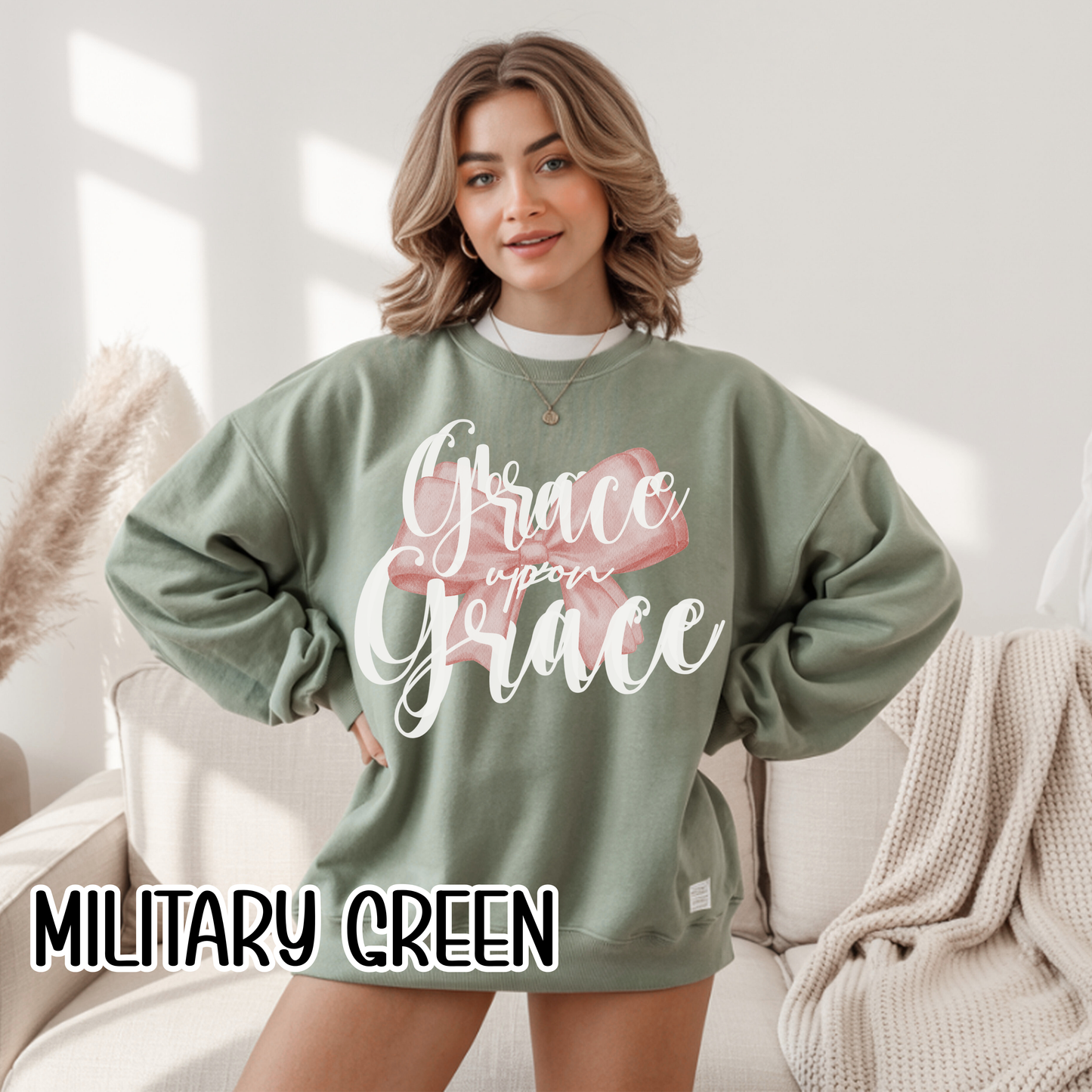 Grace Upon Grace Scripture with Pastel Pink Bow Crewneck • Girly Christian Apparel for Moms • Feminine Faith Aesthetic Sweatshirt