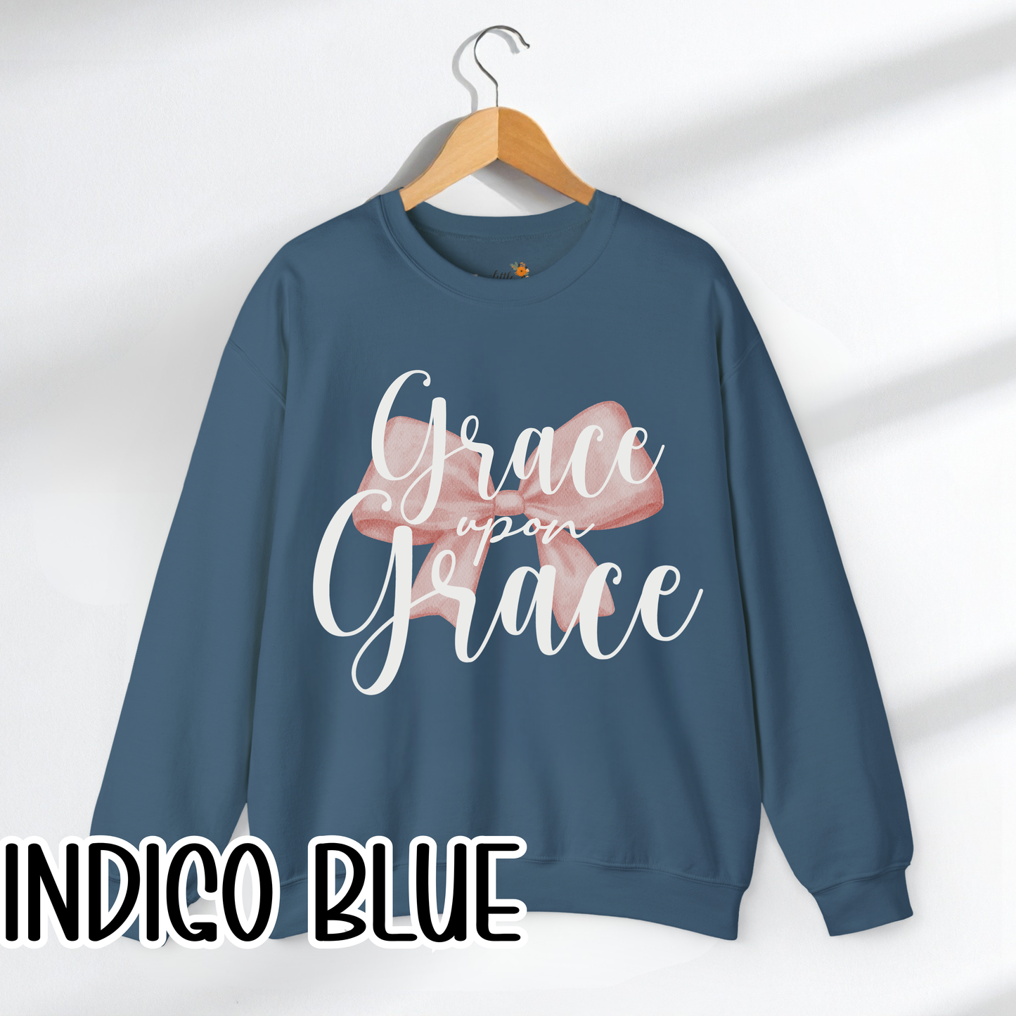 Grace Upon Grace Scripture with Pastel Pink Bow Crewneck • Girly Christian Apparel for Moms • Feminine Faith Aesthetic Sweatshirt