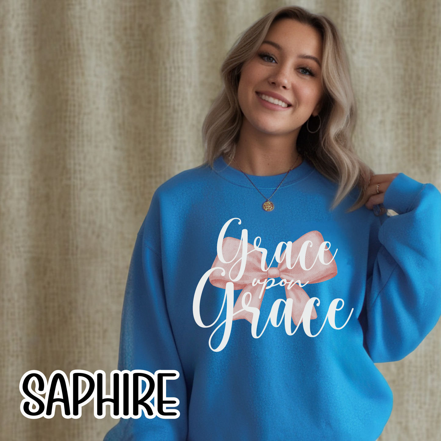 Grace Upon Grace Scripture with Pastel Pink Bow Crewneck • Girly Christian Apparel for Moms • Feminine Faith Aesthetic Sweatshirt
