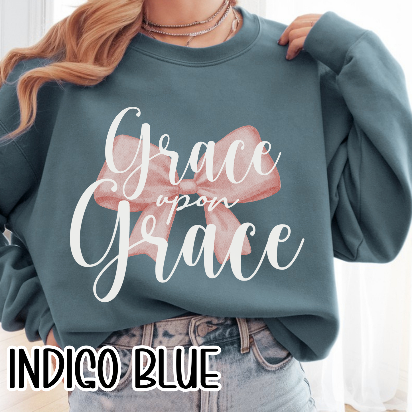 Grace Upon Grace Scripture with Pastel Pink Bow Crewneck • Girly Christian Apparel for Moms • Feminine Faith Aesthetic Sweatshirt