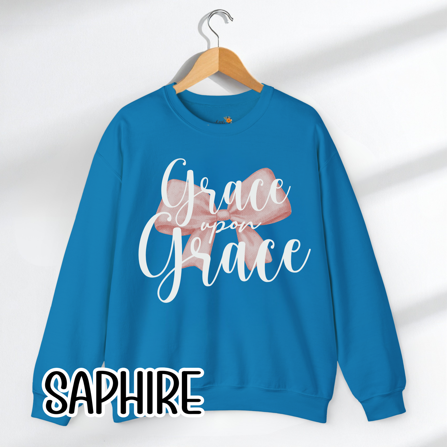 Grace Upon Grace Scripture with Pastel Pink Bow Crewneck • Girly Christian Apparel for Moms • Feminine Faith Aesthetic Sweatshirt