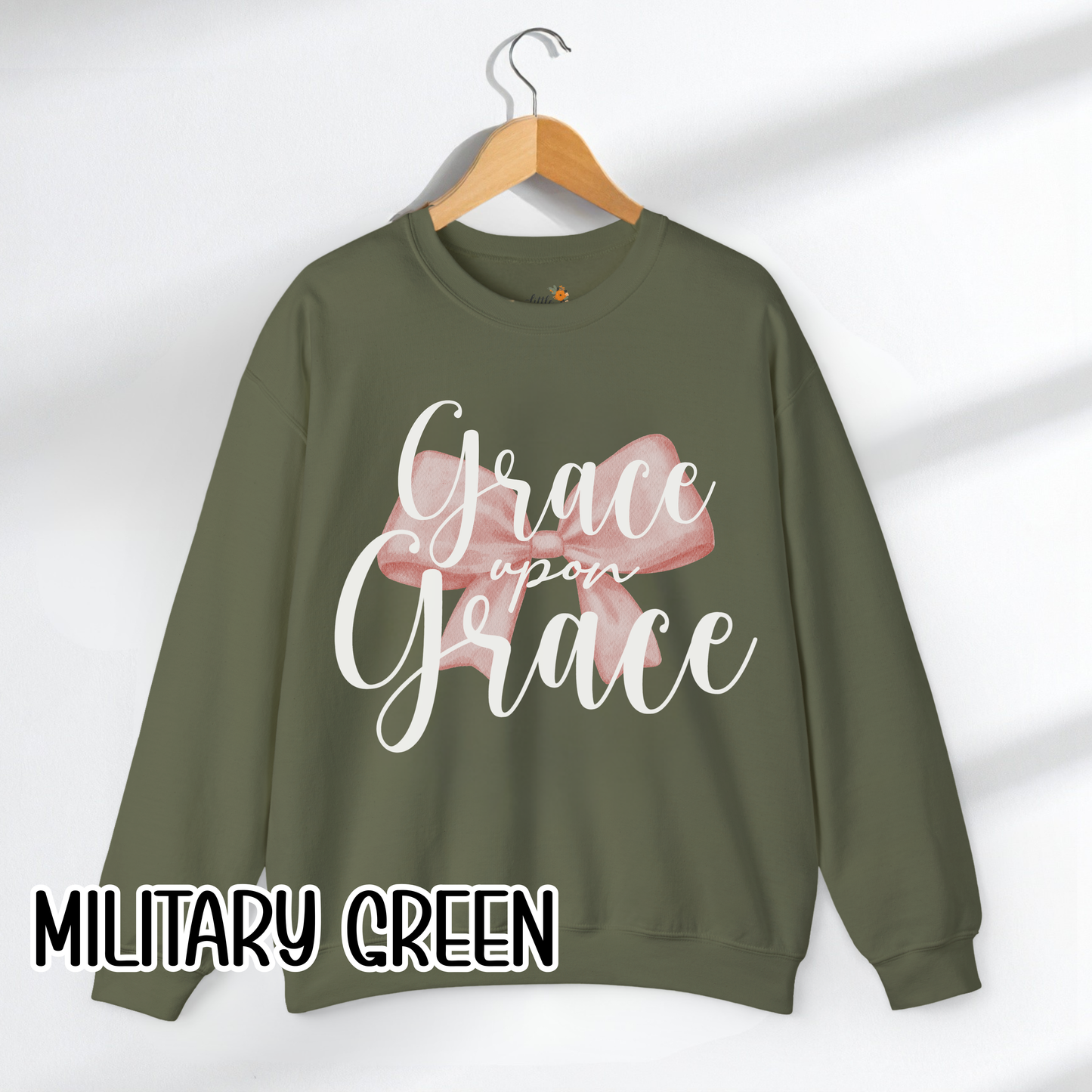 Grace Upon Grace Scripture with Pastel Pink Bow Crewneck • Girly Christian Apparel for Moms • Feminine Faith Aesthetic Sweatshirt
