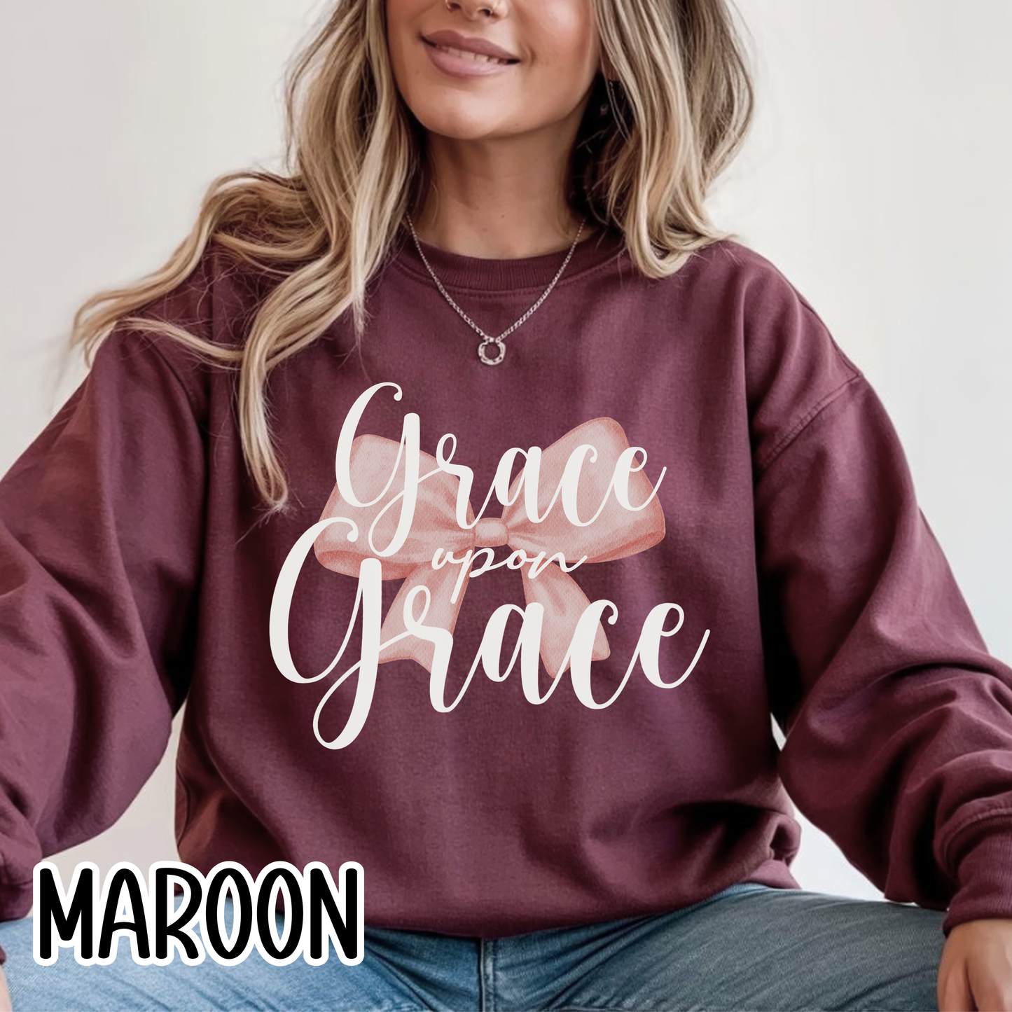 Grace Upon Grace Scripture with Pastel Pink Bow Crewneck • Girly Christian Apparel for Moms • Feminine Faith Aesthetic Sweatshirt