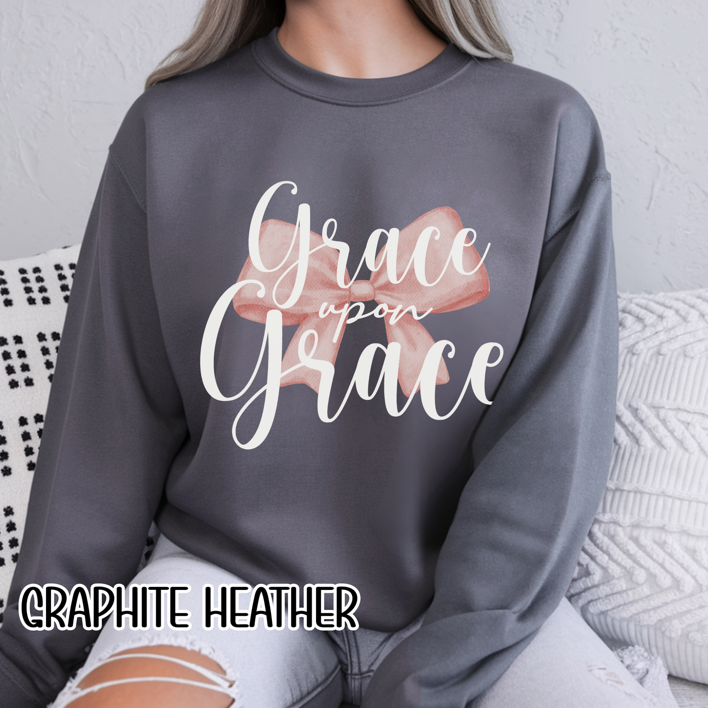Grace Upon Grace Scripture with Pastel Pink Bow Crewneck • Girly Christian Apparel for Moms • Feminine Faith Aesthetic Sweatshirt