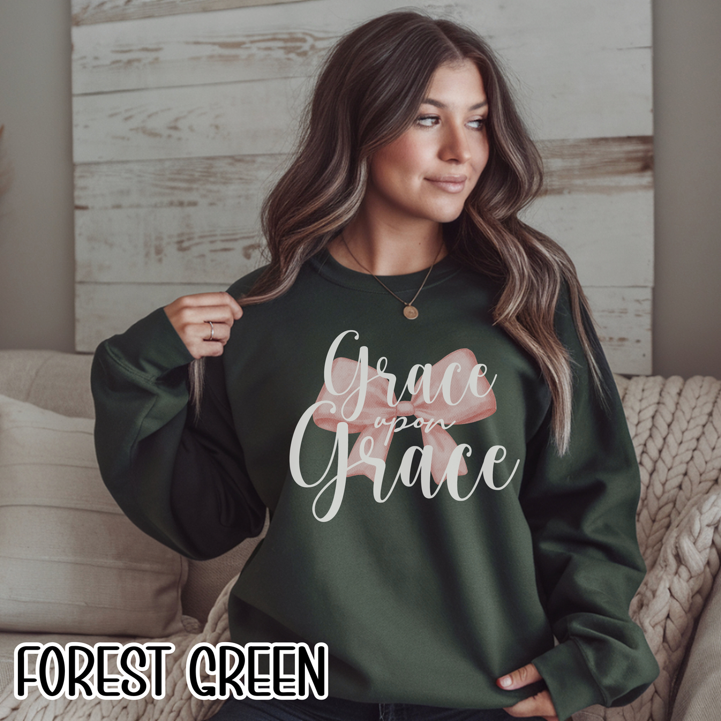 Grace Upon Grace Scripture with Pastel Pink Bow Crewneck • Girly Christian Apparel for Moms • Feminine Faith Aesthetic Sweatshirt