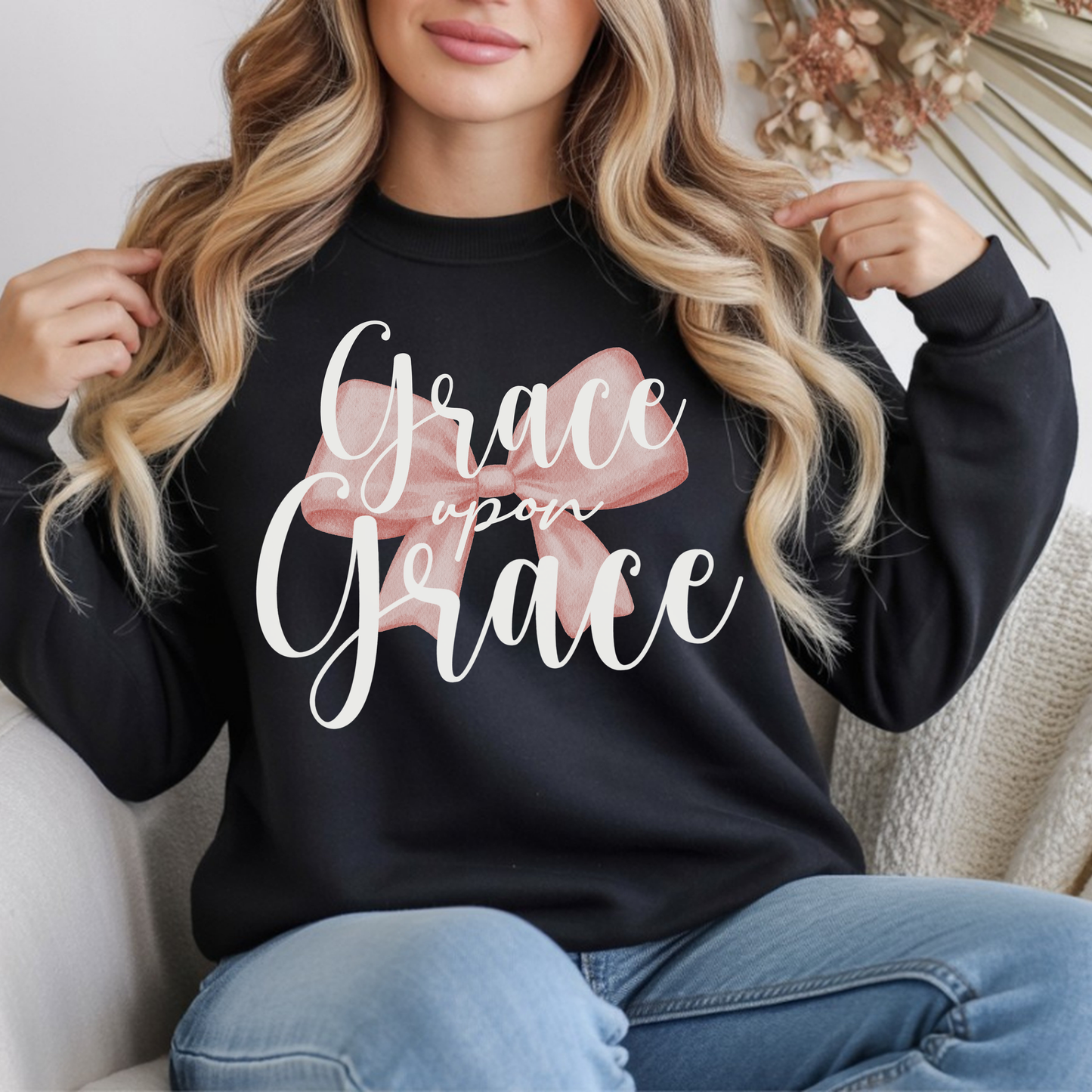 Grace Upon Grace Scripture with Pastel Pink Bow Crewneck • Girly Christian Apparel for Moms • Feminine Faith Aesthetic Sweatshirt