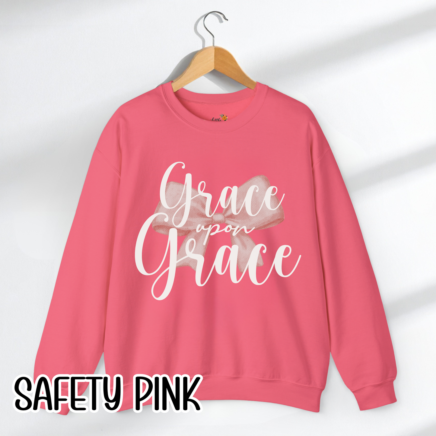Grace Upon Grace Scripture with Pastel Pink Bow Crewneck • Girly Christian Apparel for Moms • Feminine Faith Aesthetic Sweatshirt