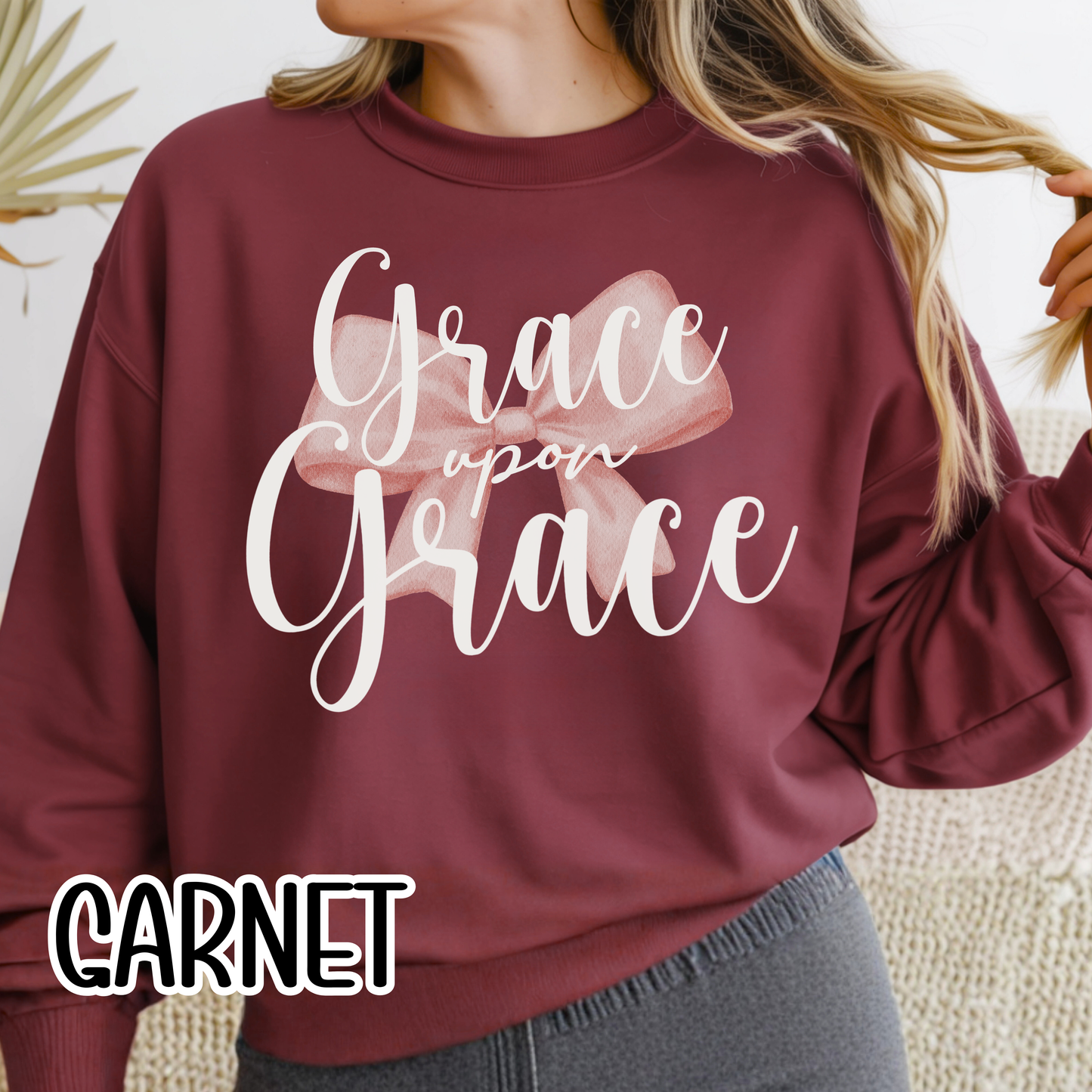 Grace Upon Grace Scripture with Pastel Pink Bow Crewneck • Girly Christian Apparel for Moms • Feminine Faith Aesthetic Sweatshirt