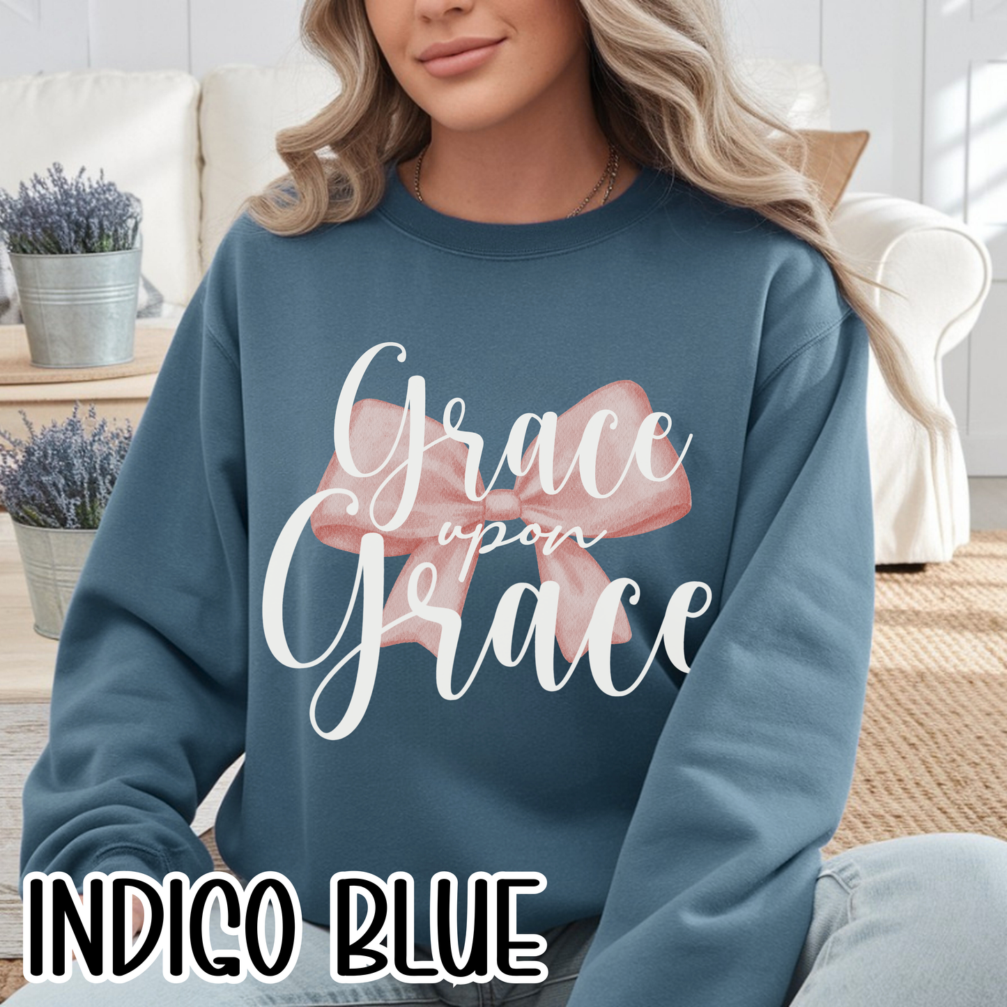 Grace Upon Grace Scripture with Pastel Pink Bow Crewneck • Girly Christian Apparel for Moms • Feminine Faith Aesthetic Sweatshirt