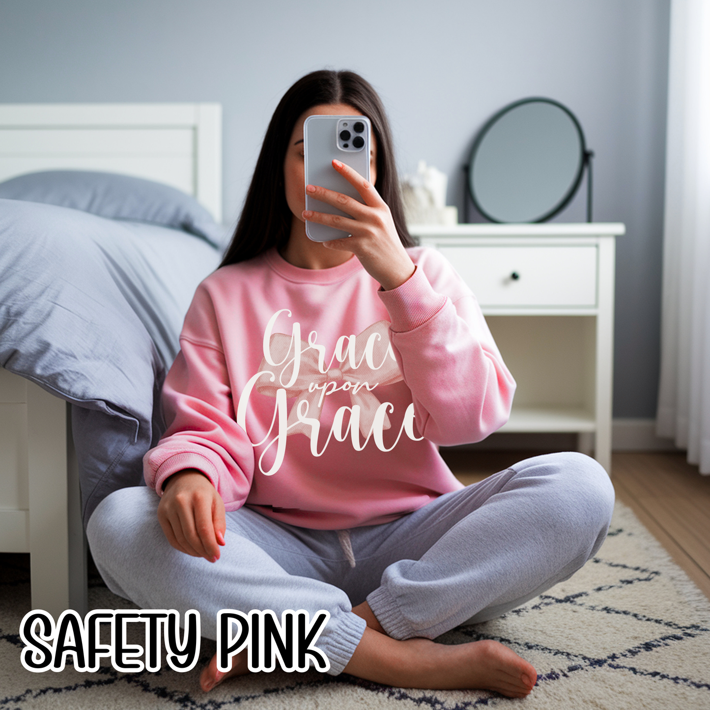 Grace Upon Grace Scripture with Pastel Pink Bow Crewneck • Girly Christian Apparel for Moms • Feminine Faith Aesthetic Sweatshirt