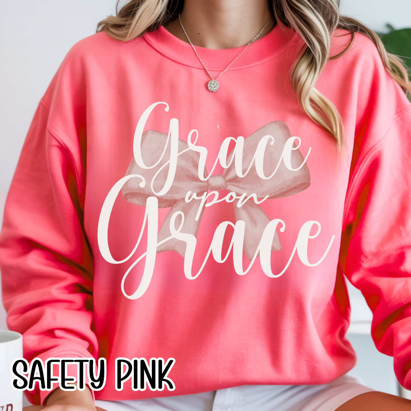 Grace Upon Grace Scripture with Pastel Pink Bow Crewneck • Girly Christian Apparel for Moms • Feminine Faith Aesthetic Sweatshirt