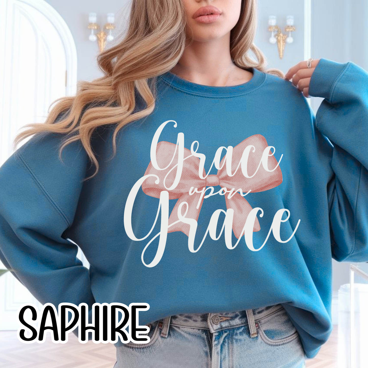 Grace Upon Grace Scripture with Pastel Pink Bow Crewneck • Girly Christian Apparel for Moms • Feminine Faith Aesthetic Sweatshirt
