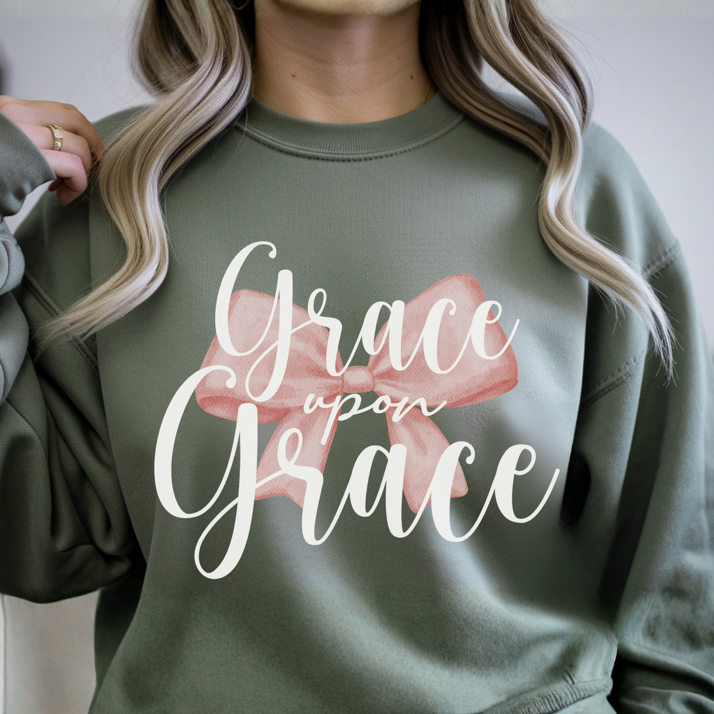 Grace Upon Grace Scripture with Pastel Pink Bow Crewneck • Girly Christian Apparel for Moms • Feminine Faith Aesthetic Sweatshirt