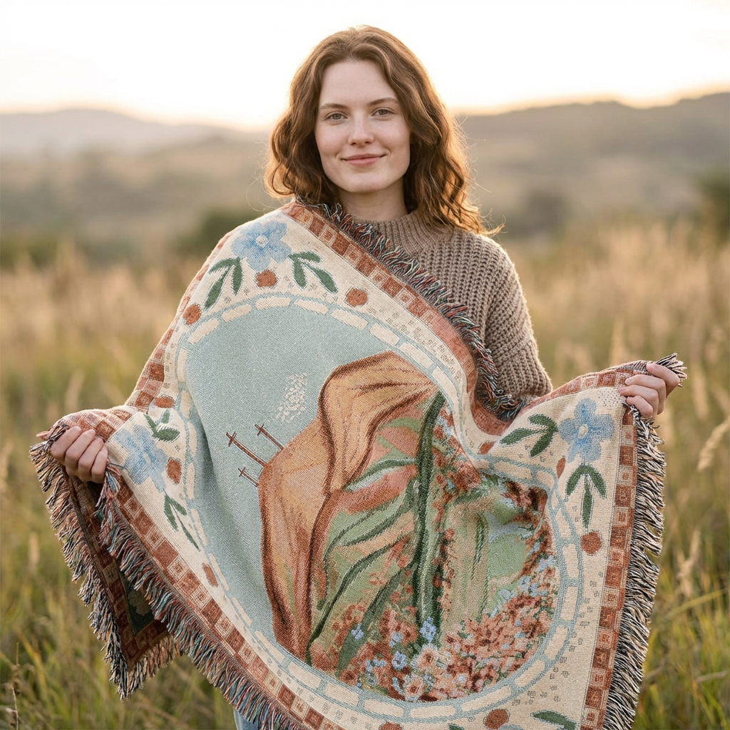 Spring Floral Cross Woven Blanket — Easter Landscape Cross & Floral Throw